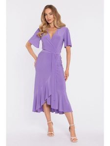 Made of emotion Sukienka w kolorze fioletowym rozmiar: L. Różowe sukienki Made Of Emotion, l, bez wzorów, bez kołnierzyka, bez ramiączek, midi, kopertowe. Za 234,99 zł.