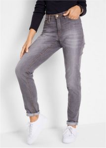 Dżinsy Mom mid waist, komfort-stretch. Szare jeansy bonprix, bez wzorów, z jeansu. Za 97,99 zł.