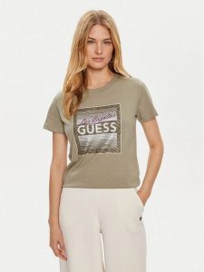 Guess T-Shirt W4YI17 I3Z14 Zielony Regular Fit. Zielone t-shirty Guess, s, z aplikacjami, z bawełny, bez kołnierzyka, bez ramiączek. Za 129,99 zł.