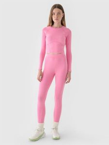 4F Legginsy dzianinowe damskie - różowe L. Czerwone legginsy 4f, bez wzorów, z bawełny, z podwyższonym stanem. W wyprzedaży za 39,99 zł.