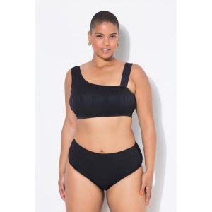 Damskie Figi od bikini krój z wysokim stanem fakturowane paski. Czarne figi Ulla Popken, bez wzorów, z elastanu. Za 93,99 zł.