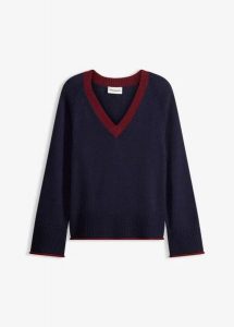 Sweter z kontrastującymi paskami. Niebieskie swetry klasyczne bonprix, bez kołnierzyka. Za 102,99 zł.