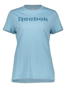 Reebok Koszulka w kolorze błękitnym rozmiar: S. Niebieskie bluzki Reebok, s, bez wzorów, z bawełny, bez kołnierzyka, bez ramiączek. Za 48,28 zł.