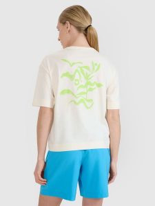 4F T-shirt regular z nadrukiem damski - biały XL. Białe t-shirty 4f, uniwersalny, bez wzorów, z bawełny, bez kołnierzyka, bez ramiączek. W wyprzedaży za 39,99 zł.