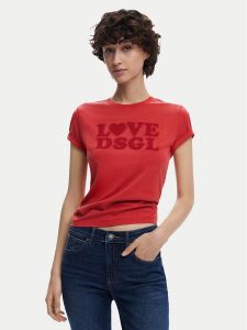 Desigual T-Shirt Love Dsgl 25SWTK10 Czerwony Regular Fit. Czerwone t-shirty Desigual, m, bez wzorów, z bawełny, bez kołnierzyka, bez ramiączek. Za 129,99 zł.