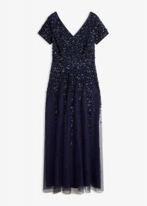 Sukienka z cekinami. Niebieskie sukienki bonprix, bez wzorów, eleganckie, bez kołnierzyka, bez ramiączek. Za 329,99 zł.
