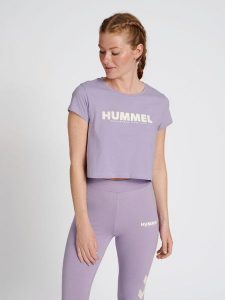 Damska koszulka crop top Hummel Legacy. Niebieskie topy Hummel, xs, bez wzorów, z bawełny, klasyczne, bez kołnierzyka, bez ramiączek. Za 84,11 zł.