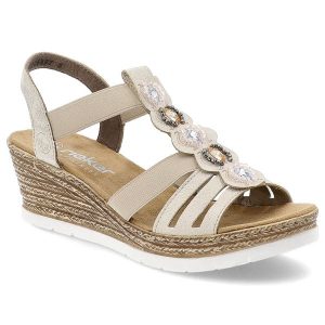 Beżowe Sandały Rieker Eleganckie Obuwie Damskie Z Ozdobami. Brązowe sandały Rieker, z aplikacjami, bez obcasa, na koturnie, bez zapięcia. Za 319,00 zł.