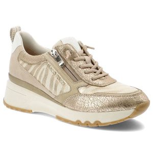 Złote Sneakersy Marco Tozzi Modne Obuwie Damskie. Żółte czółenka Marco Tozzi, bez wzorów, bez obcasa, na koturnie, bez zapięcia. Za 299,00 zł.