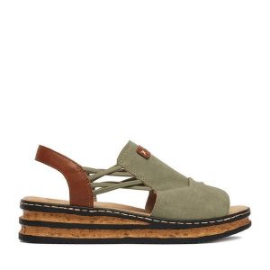 Sandały Rieker. Zielone sandały Rieker, bez wzorów, bez obcasa, na koturnie, bez zapięcia. Za 299,99 zł.