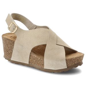 Sandały damskie Yokono, cholewka ze skóry naturalnej zapinane na rzep platforma z korkową podeszwą, beżowe, Bari-263. Brązowe sandały Yokono, bez wzorów, ze skóry, bez obcasa, na koturnie, bez zapięcia. Za 309,00 zł.