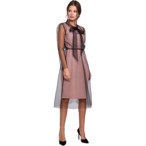 Pudrowa Elegancka Sukienka z Tiulem. Czarne sukienki MAKEOVER, l, bez wzorów, z elastanu, eleganckie, bez kołnierzyka, bez ramiączek. Za 238,90 zł.