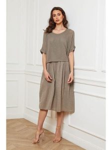 Fleur de Lin Lniana sukienka "Equanone" w kolorze szarobrązowym rozmiar: XXL. Brązowe sukienki Fleur de Lin, xxl, bez wzorów, ze lnu, bez kołnierzyka, bez ramiączek, midi. Za 171,28 zł.