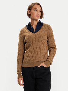 Gant Sweter 4800101 Brązowy Slim Fit. Brązowe swetry klasyczne GANT, xs, z bawełny, bez kołnierzyka. Za 299,99 zł.