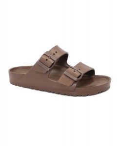 Klapki Birkenstock Arizona Eva Damskie. Brązowe klapki Birkenstock, bez wzorów, z materiału, bez obcasa. Za 455,00 zł.