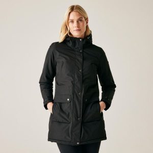 Damska kurtka trekkingowa zimowa podgrzewana Voltera. Czarne kurtki Regatta, na zimę, bez wzorów, bez kaptura. Za 349,99 zł.