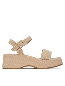 DeeZee Sandały DXJ220515 Beżowy. Brązowe sandały DeeZee, bez wzorów, z materiału, bez obcasa, na koturnie, bez zapięcia. Za 97,99 zł.