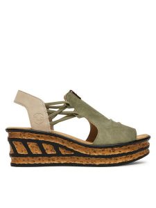 Rieker Sandały 68175-52 Zielony. Zielone sandały Rieker, bez wzorów, z materiału, bez obcasa, na koturnie, bez zapięcia. Za 319,99 zł.
