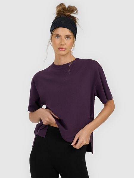 4F T-shirt loose gładki damski - fioletowy M. Fioletowe t-shirty 4f, m, bez wzorów, z dzianiny, bez kołnierzyka, bez ramiączek. Za 59,99 zł.
