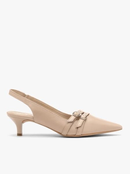 Beżowe czółenka slingback z ozdobnymi paskami. Brązowe czółenka Ryłko, bez wzorów, z gumy, bez obcasa, na obcasie, bez zapięcia. W wyprzedaży za 359,99 zł.
