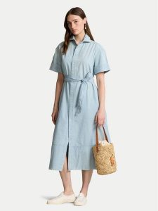 Polo Ralph Lauren Sukienka koszulowa 211935155001 Błękitny Regular Fit. Niebieskie sukienki Polo Ralph Lauren, bez wzorów, z bawełny, bez kołnierzyka, bez ramiączek, koszulowe. Za 639,99 zł.