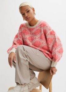 Sweter boxy. Czerwone swetry klasyczne bonprix, z żakardem, bez kołnierzyka. Za 119,99 zł.