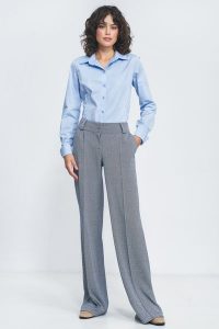 Spodnie Wide Leg w Jodełkę - Granatowe. Spodnie z wysokim stanem Nife, bez wzorów, z materiału, z podwyższonym stanem. Za 295,90 zł.