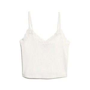 Krótki top z koronkowymi wykończeniami dla kobiet Superdry Athletic Essentials. Białe topy Superdry, l, bez wzorów, z koronki, eleganckie, bez kołnierzyka, bez ramiączek. Za 104,45 zł.