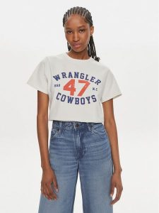 Wrangler T-Shirt 112350277 Écru Regular Fit. T-shirty Wrangler, l, bez wzorów, z bawełny, bez kołnierzyka, bez ramiączek. Za 79,99 zł.