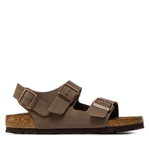 Sandały Birkenstock. Brązowe sandały Birkenstock, bez wzorów, bez obcasa, na płaskiej podeszwie, bez zapięcia. Za 499,99 zł.
