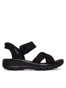 Skechers Sandały 163534/BBK Czarny. Czarne sandały Skechers, bez wzorów, ze skóry, bez obcasa, na płaskiej podeszwie, bez zapięcia. Za 319,99 zł.