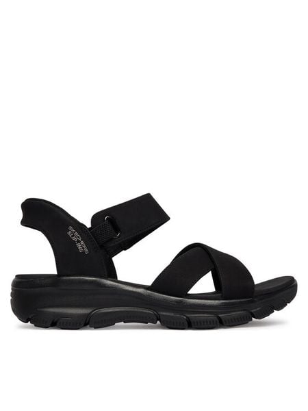 Skechers Sandały 163534/BBK Czarny. Czarne sandały Skechers, bez wzorów, ze skóry, bez obcasa, na płaskiej podeszwie, bez zapięcia. Za 319,99 zł.