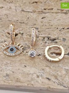 Luja Bijoux 3-częściowy zestaw kolczyków-kreoli z cyrkoniami rozmiar: onesize. Żółte kolczyki Luja Bijoux, z cyrkonią, z mosiądzu. Za 70,45 zł.