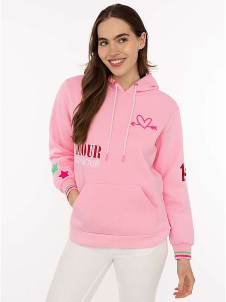 Zwillingsherz Bluza "Bonjour ZH" w kolorze jasnoróżowym rozmiar: S/M. Różowe bluzy Zwillingsherz, m, bez wzorów, z kapturem. Za 170,87 zł.