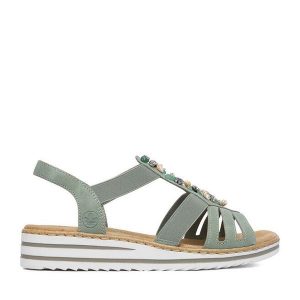 Sandały Rieker. Zielone sandały Rieker, bez wzorów, bez obcasa, na koturnie, bez zapięcia. Za 319,99 zł.