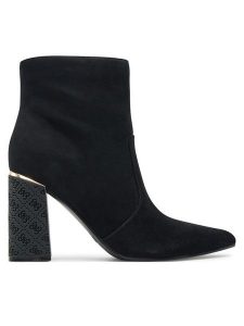 Guess Botki Frenkie FLFFRE LEP10 Czarny. Czarne botki Guess, z aplikacjami, ze skóry, bez obcasa, na słupku, bez zapięcia. Za 559,99 zł.