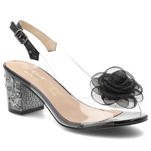 Sandały damskie S.Barski, z transparentnym paskiem ozdobny kwiat pasek z regulacją stabilny obcas elegancki styl, czarne, MR61-9011. Czarne sandały S.BARSKI, z aplikacjami, bez obcasa, na obcasie, bez zapięcia. Za 199,00 zł.