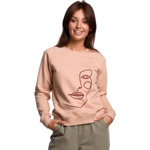 Klasyczna Bluza Dresowa z Nadrukiem - Beżowa. Brązowe bluzy MOE, l, bez wzorów, z bawełny, bez kaptura. Za 219,90 zł.