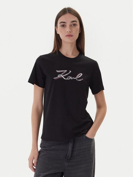 KARL LAGERFELD T-Shirt A4W17052 Czarny Regular Fit. Czarne t-shirty KARL LAGERFELD, m, bez wzorów, z bawełny, bez kołnierzyka, bez ramiączek. Za 279,99 zł.