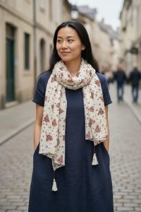 Maison Scotch damski szalik z czystej bawełny z nadrukiem żaglówek i frędzlami. Białe szaliki 55PROTEC, bez wzorów, z bawełny. Za 220,99 zł.