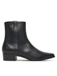 Tommy Hilfiger Botki Th Leather Pointy Zip Bootie FW0FW08980 Czarny. Czarne botki TOMMY HILFIGER, bez wzorów, ze skóry, bez obcasa, na słupku, bez zapięcia. Za 599,99 zł.