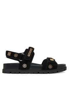 Guess Sandały FLPFLO ESU03 Czarny. Czarne sandały Guess, z aplikacjami, z materiału, bez obcasa, na płaskiej podeszwie, bez zapięcia. Za 549,99 zł.