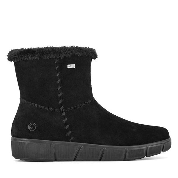 Botki Remonte. Czarne botki Remonte, bez wzorów, bez obcasa, na płaskiej podeszwie, bez zapięcia. Za 293,99 zł.