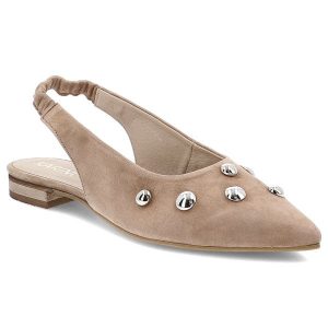 Sandały damskie Karino, skórzane na płaskim obcasie wsuwane z noskiem w szpic z ozdobami, beżowe, 5589-022-P-C. Brązowe sandały Karino, bez wzorów, ze szpiczastym noskiem, bez obcasa, na obcasie, bez zapięcia. Za 339,00 zł.