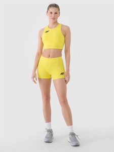 4F Legginsy krótkie treningowe damskie - żółte L. Żółte legginsy 4f, bez wzorów, z dzianiny, krótkie. Za 89,99 zł.