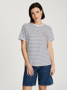 Cross Jeans Koszulka w kolorze biało-czarnym rozmiar: M. Białe bluzki Cross Jeans, m, bez wzorów, z jeansu, bez kołnierzyka, bez ramiączek. Za 61,46 zł.