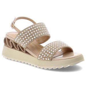 Sandały damskie S.Barski, skóra naturalna szerokie paski z dekoracyjnymi perełkami regulowany pasek z klamrą miękka wkładka stabilna platforma, beżow. Brązowe sandały S.BARSKI, bez wzorów, ze skóry, bez obcasa, na koturnie, bez zapięcia. Za 309,00 zł.