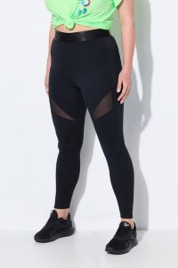 Damskie Legginsy sportowe wstawka z siateczki szybkoschnące z recyklingu. Czarne legginsy Ulla Popken, bez wzorów, z elastanu. Za 239,99 zł.