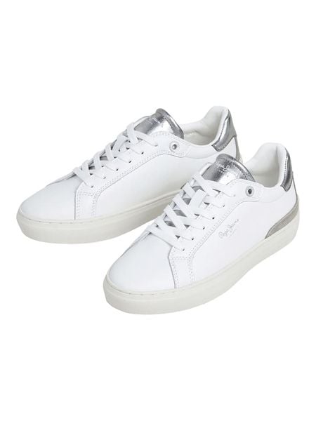 Pepe Jeans FOOTWEAR Skórzane sneakersy "Camden" w kolorze srebrno-białym rozmiar: 38. Białe trampki Pepe Jeans FOOTWEAR, bez wzorów, z jeansu, bez zapięcia. Za 184,46 zł.