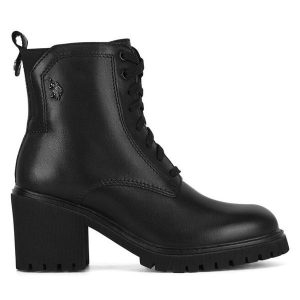 Botki U.S. Polo Assn. Czarne botki U.S. Polo Assn., bez wzorów, bez obcasa, na słupku, bez zapięcia. Za 399,99 zł.
